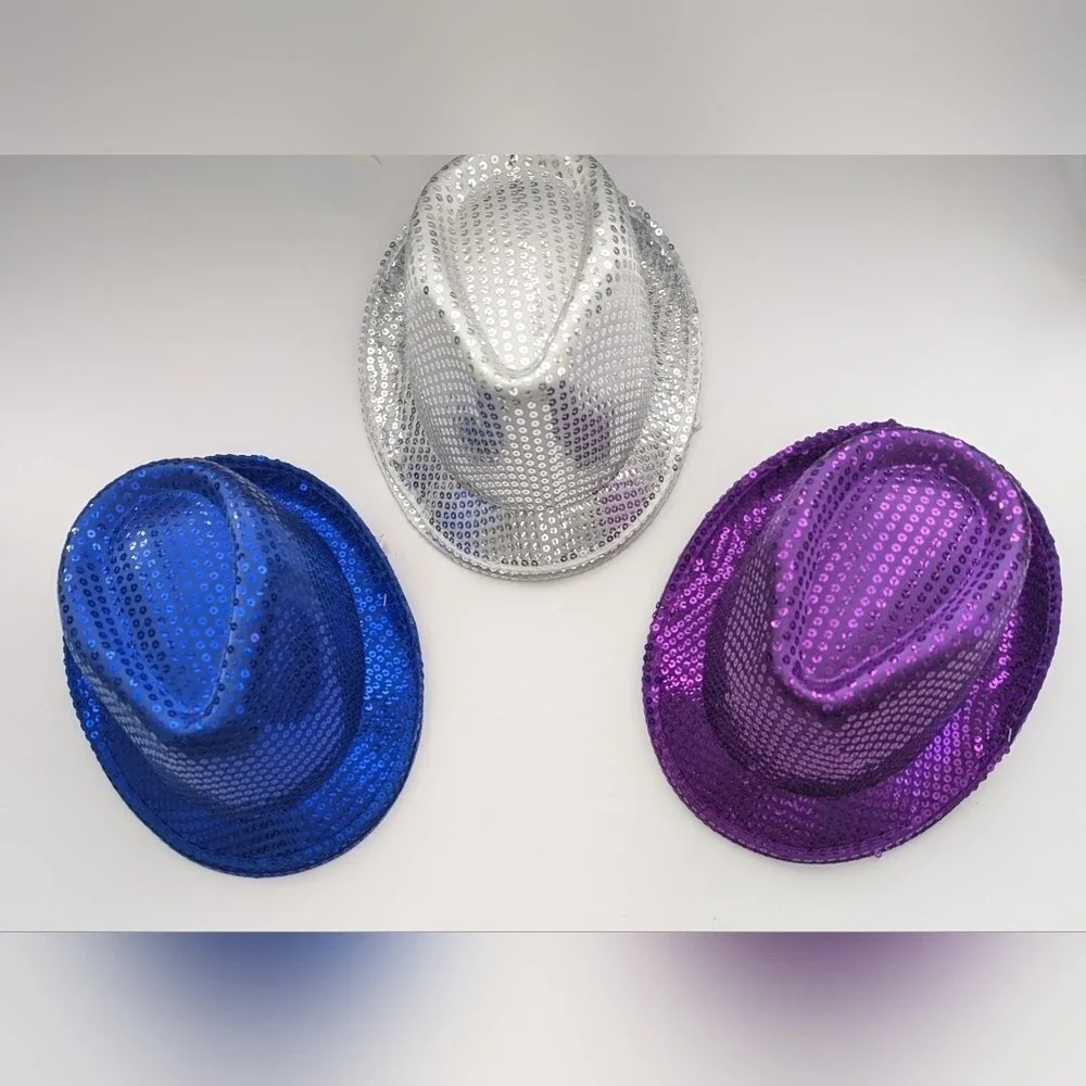 NWT Solid Color Sequins Glitter Party Fedora Hats - Blue, Silver, & Purple